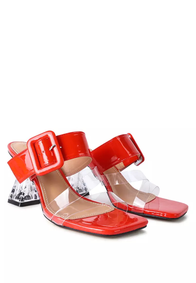 Red Printed Clear Heel Slide Sandals