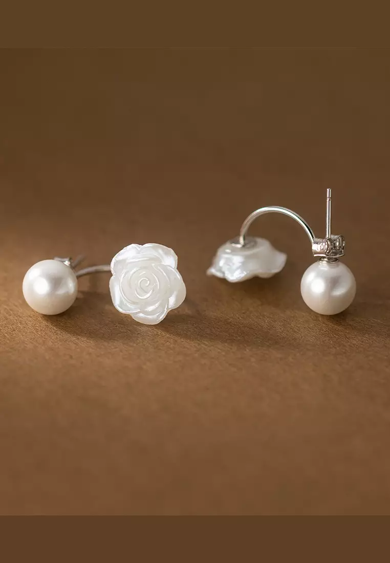 925 Silver Rose Faux Pearl Earrings JW AR-M02415