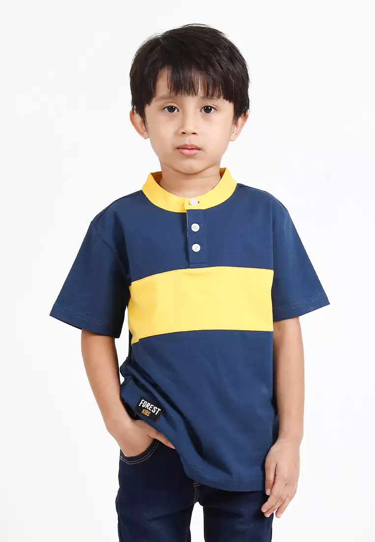 Forest Kids Premium Weight Cotton Stretchable Mandarin Collar T Shirt Men | T Shirt Baju Budak Lelaki - FK20170-30Blue