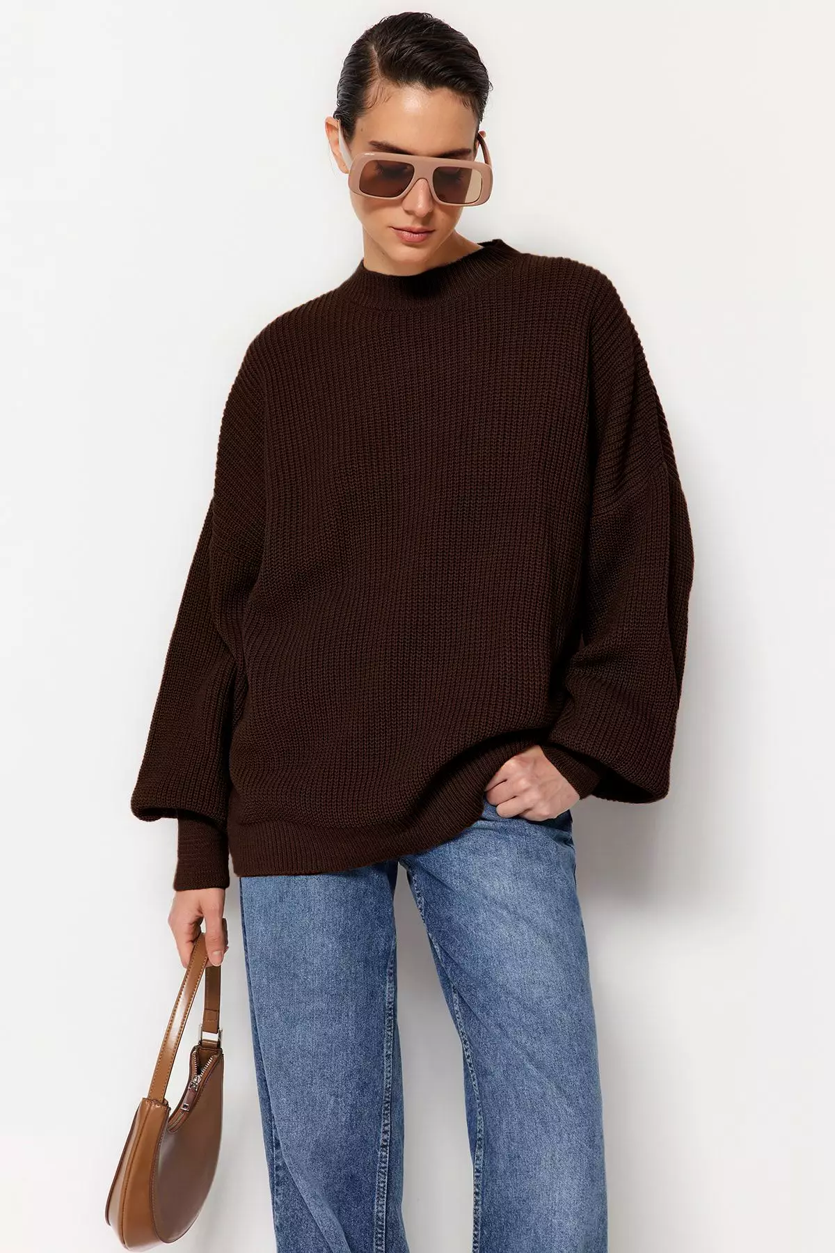 Brown Wide Fit Basic Knitwear Sweater