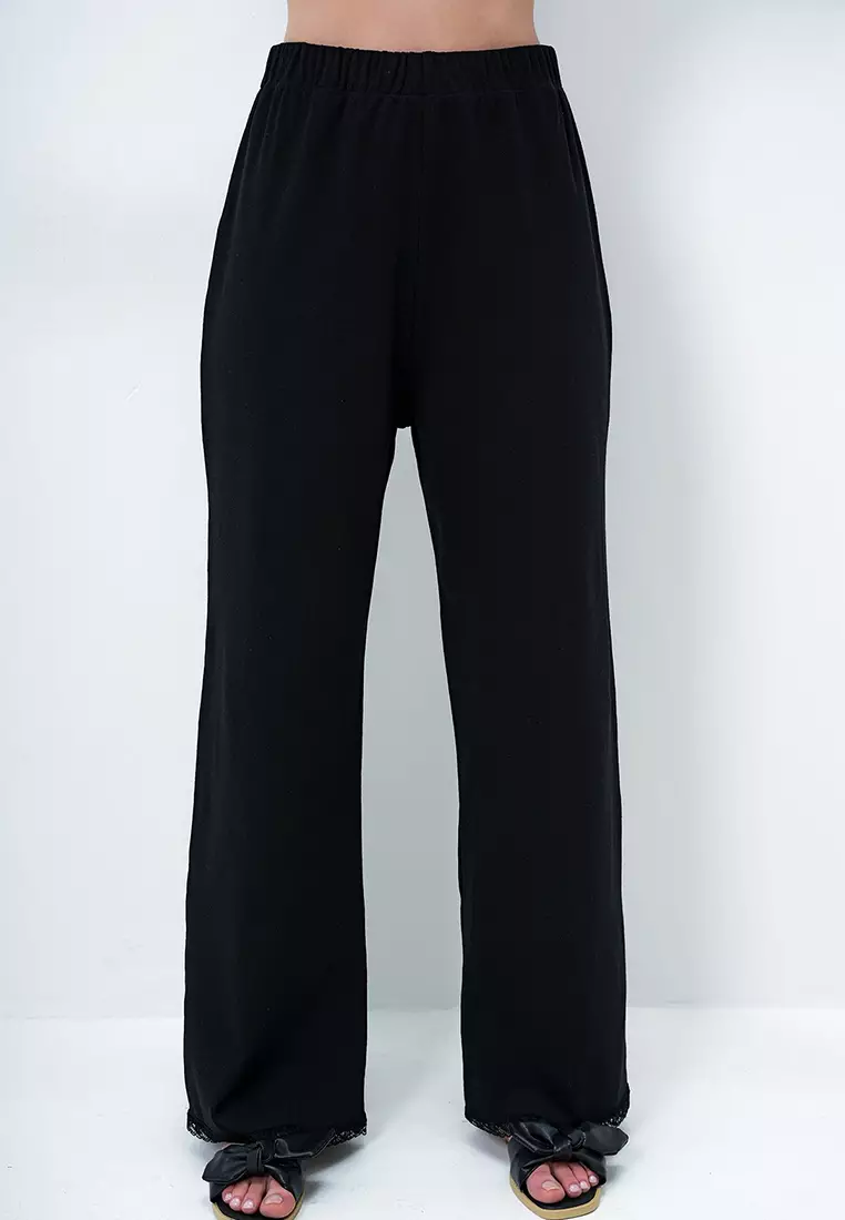 Black Wide Collar Scallop Detailed Bow Embroidered Blouse And Palazzo Pants Pajama Set Alc-X14066