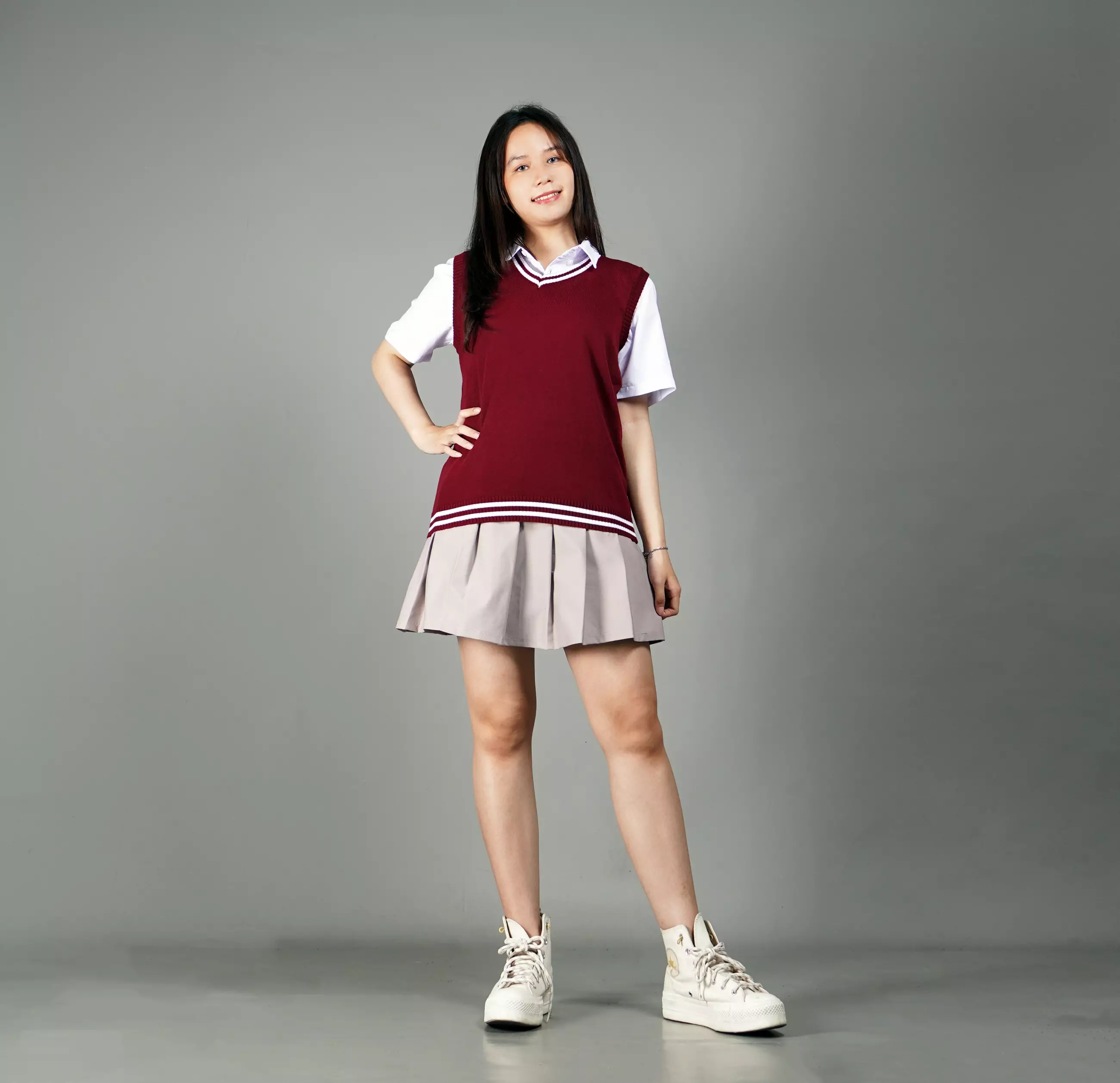 VICKY Rompi Rajut Rompi Gaya Korea Knit Vest List Putih Rompi Seragam - MARUN