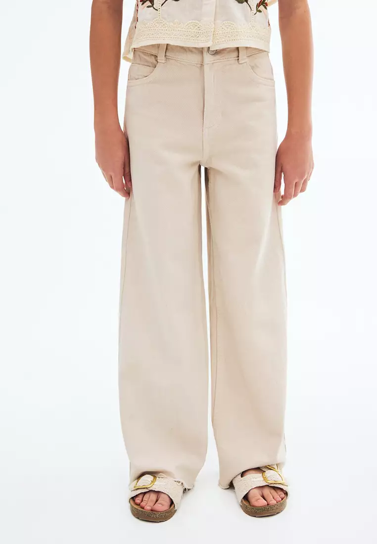 Wide Leg Low Frayed Hem Jeans