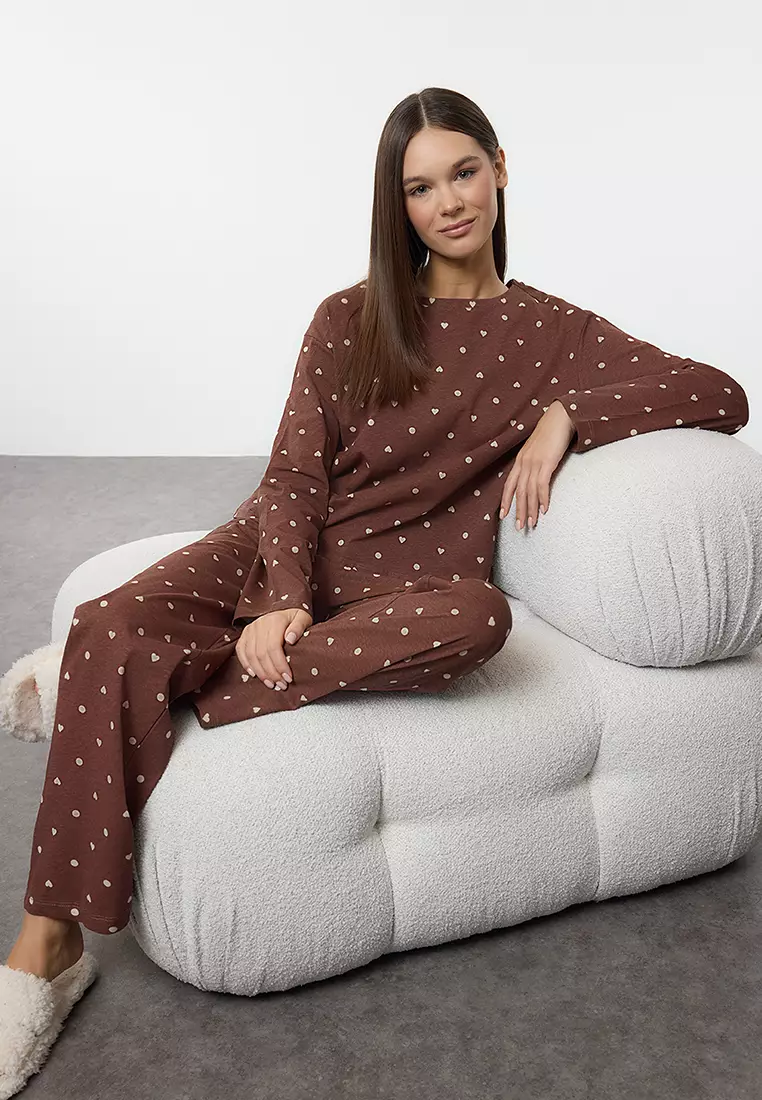 Brown 100% Cotton Polka Dot And Heart Knitted Pajama Set Thmaw25Pt00039