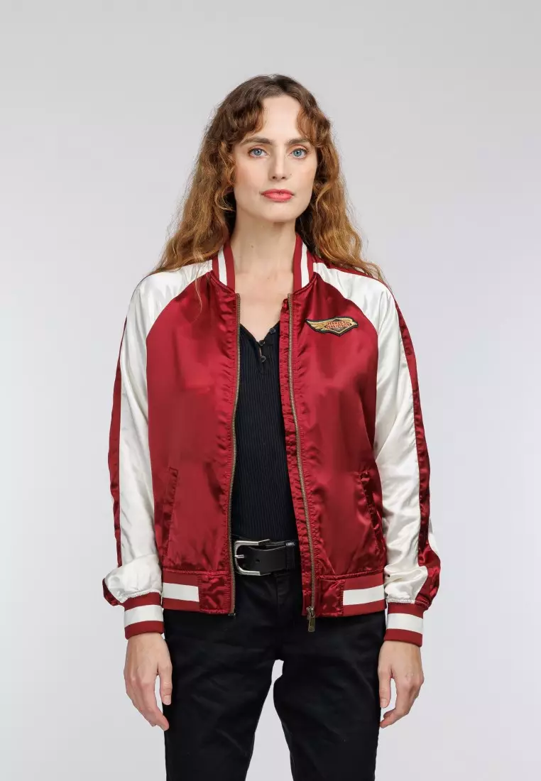 Red satin varsity jacket sale