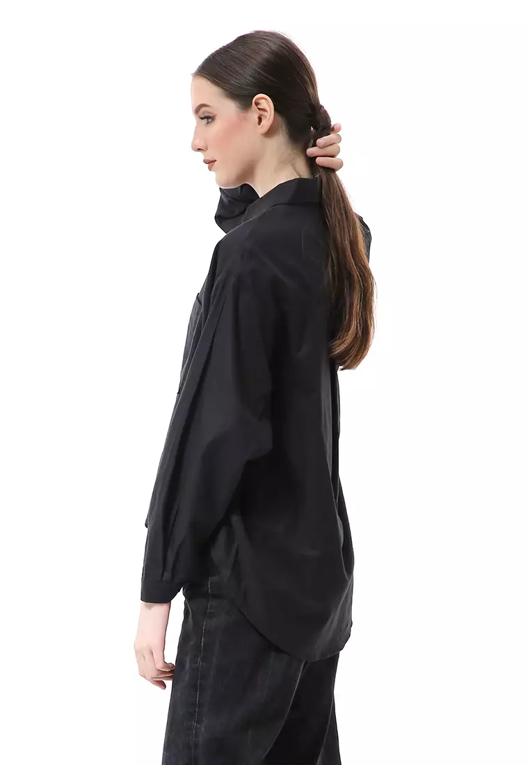 Nandira Kemeja Atasan Wanita Oversize Motif Polos Long Sleeve - Hitam