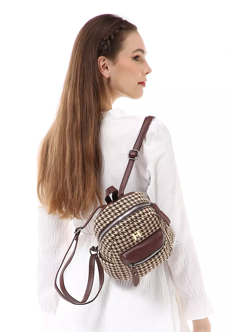 Afra Tas Ransel Mini Wanita Backpack Desain Unik Material Kain ORIGINAL - Brown Coffee