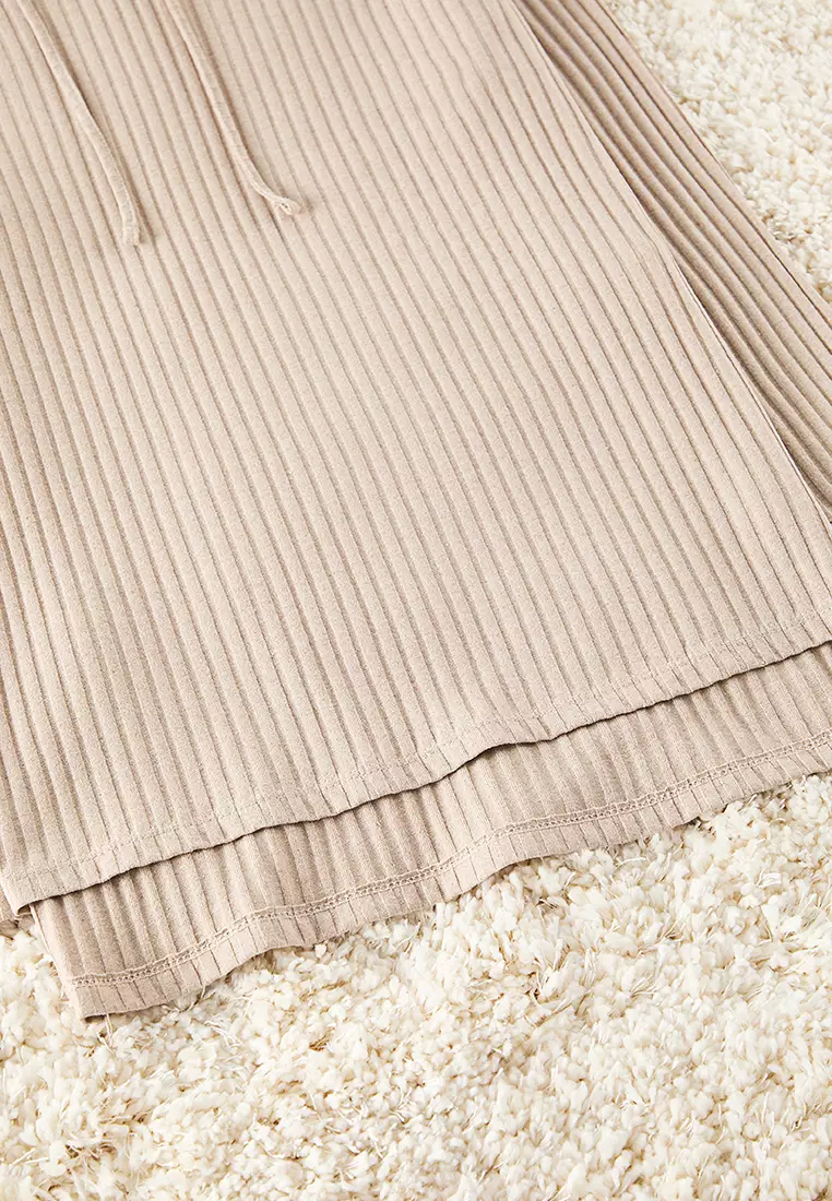 Dark Beige Hooded Ribbed Knitted Pajama Set THMAW22AU0334
