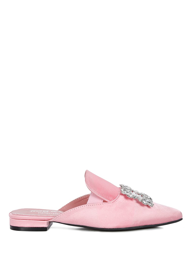 Diamante Brooch Satin Mules in Blush