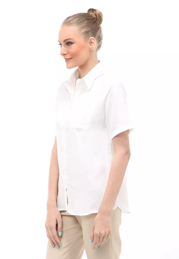 Shirt Atasan Wanita Lengan Pendek Detail Saku Motif Polos Design Simple - Putih