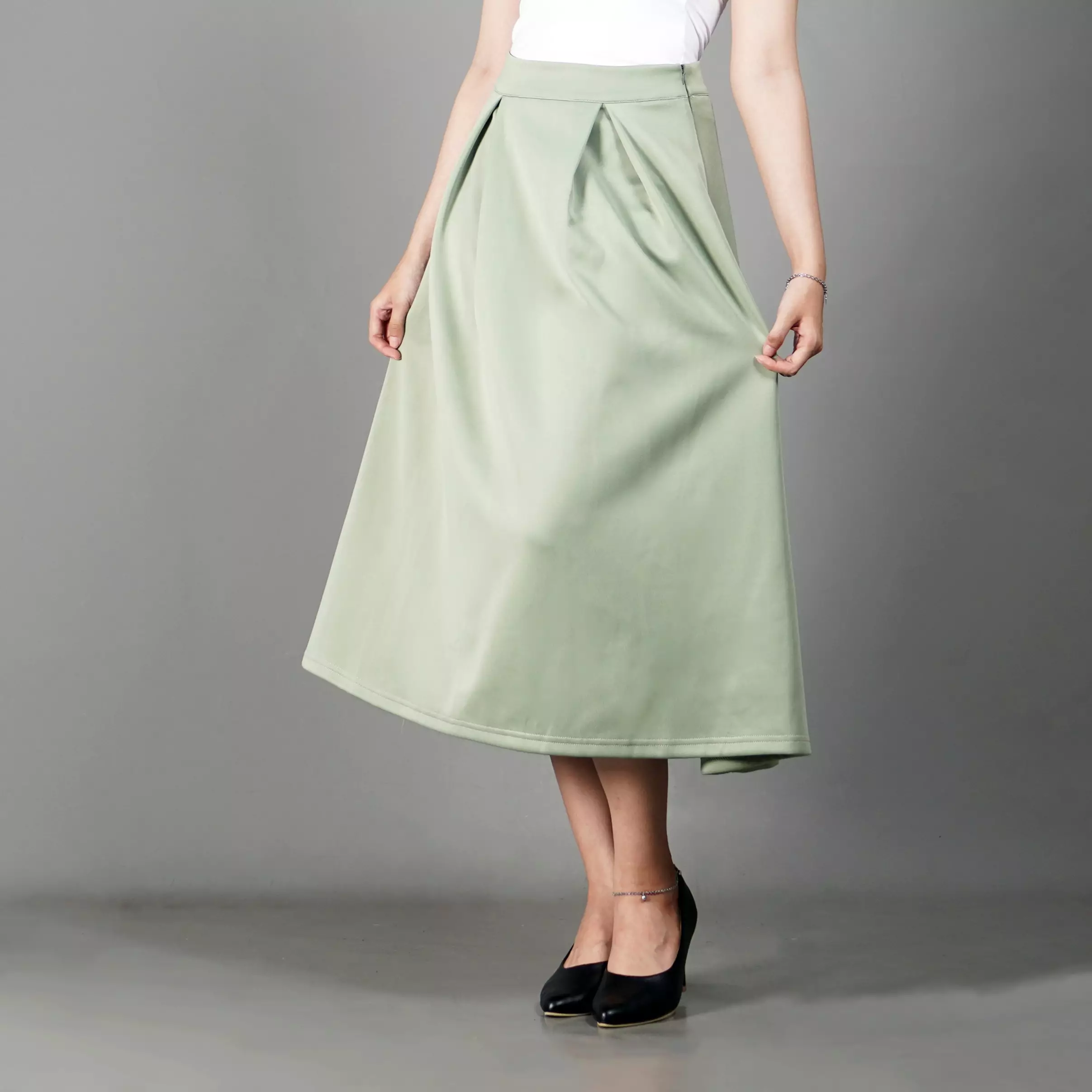  REBECA Rok Wanita Gaya Korea Flare Skirt Midi Skirt Rok Midi - HIJAU SAGE