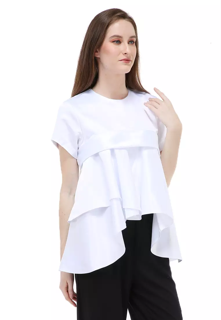 Kailah Blouse Short Sleeves Wanita Motif Polos Atasan Casual - White