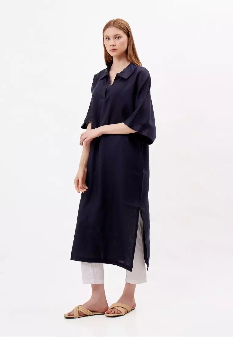 Kemer Dress Kaftan Linen Wanita Blue Black | Linen Kaftan Dress Women Blue Black