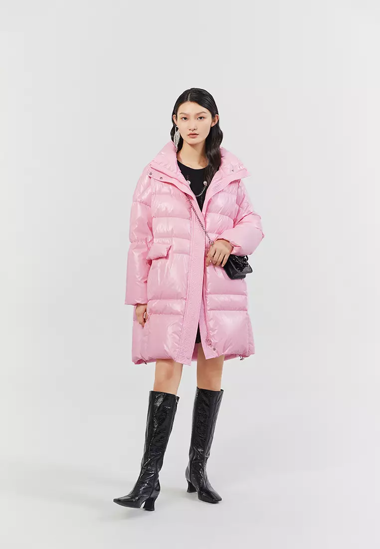 shiny mid length puffer jacket