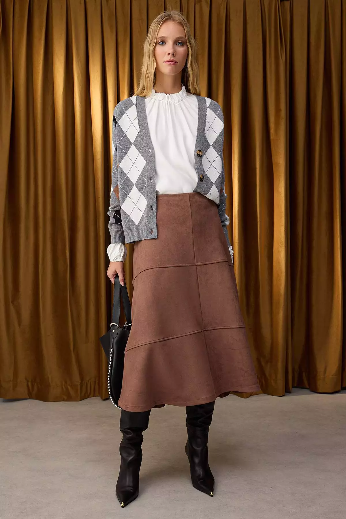 Brown A-Line/Flared Midi Suede Knit Skirt Twoaw26Et00004