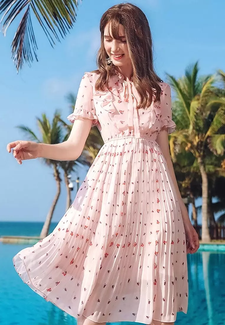 Buy HAPPY FRIDAYS Temperament Pleated Chiffon Dress 63226 2024