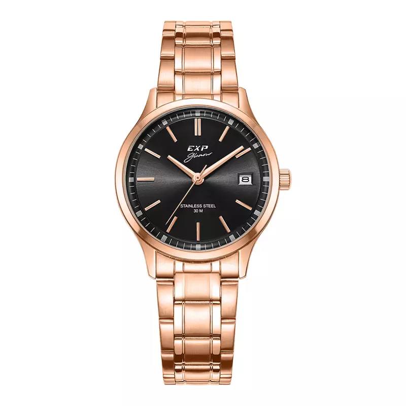 Jam Tangan Wanita Expedition Glamour E 6853 LD BRGBA Ladies Black Dial Rose Gold Stainless Steel Strap