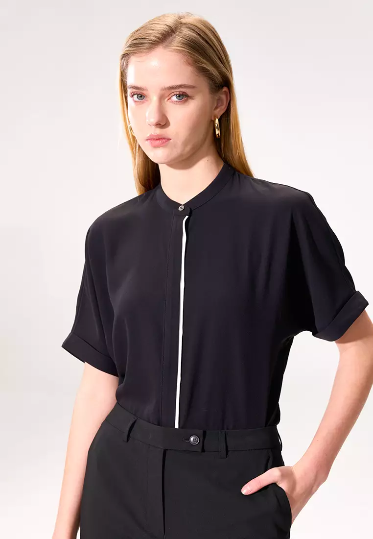 黑色門襟撞色五分袖上著