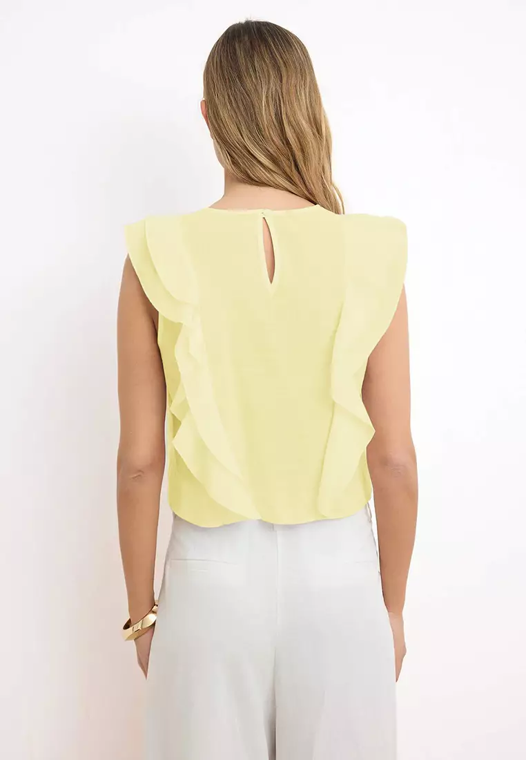 Yellow Ruffle Detailed Crop Length Semi-Sheer Woven Blouse Twoss26Bz43