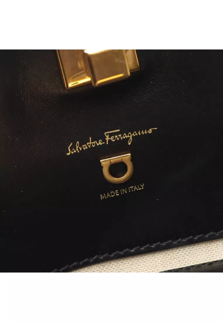 Pre-Loved Salvatore Ferragamo Gancini Shoulder bag tote bag canvas leather black beige