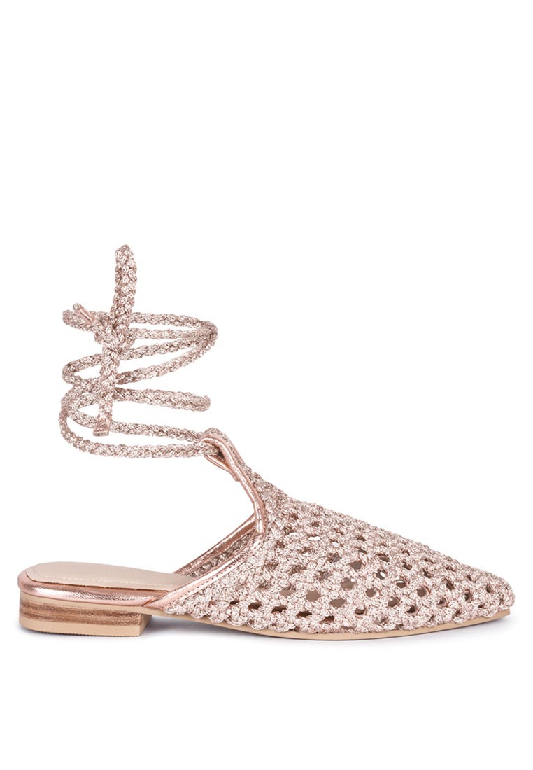 Gold Handwoven Honeycomb Cotton Tie Up Mule Flats