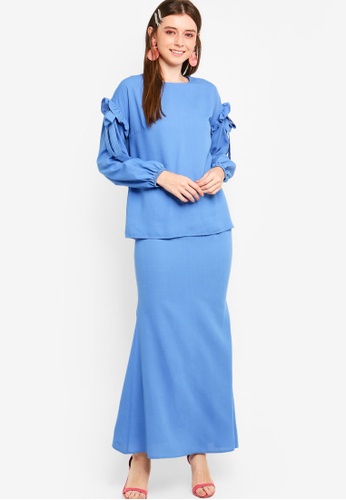 Frill Ribbon Puff Sleeve Kurung from Lubna in Blue