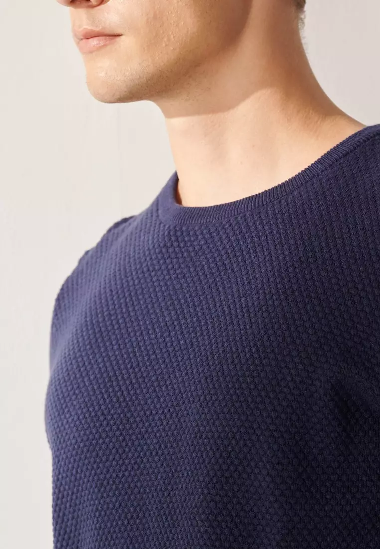 Deep Sapphire Blue Pure Cotton Crew Neck Sweater