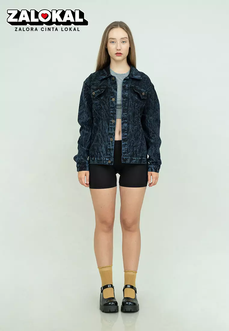 Houseofcuff Jaket Jeans wanita Polos Tebal Denim Biru Dongker Pudar