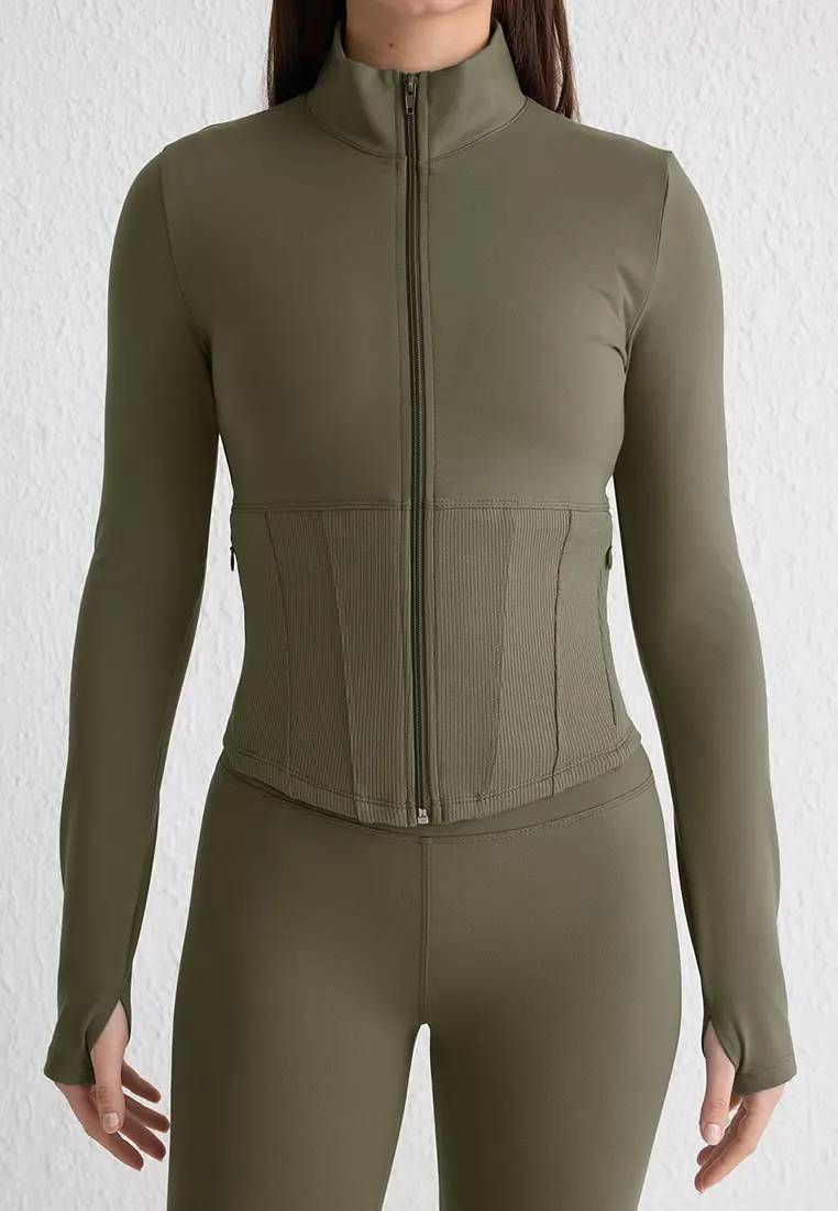 Khaki Brushed Soft Knitted Sports Jacket/Sweatshirt With Thumb Holes