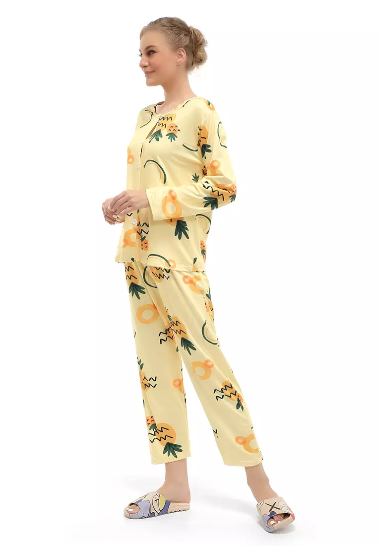 Vance Setelan Piyama Baju Tidur Wanita Lengan Panjang Pineapple Motive Material Cotton ORIGINAL - Yellow
