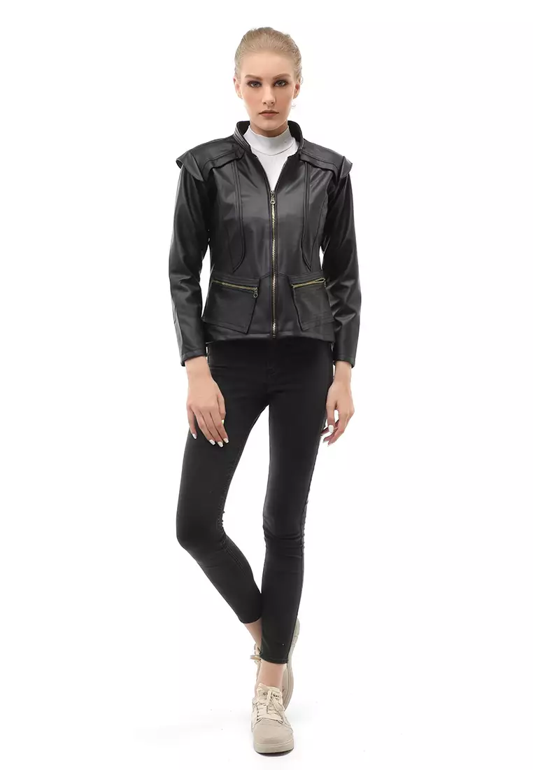 Glenice Jacket Kulit Casual Wanita Zipper Pocket Material Leather ORIGINAL - Black