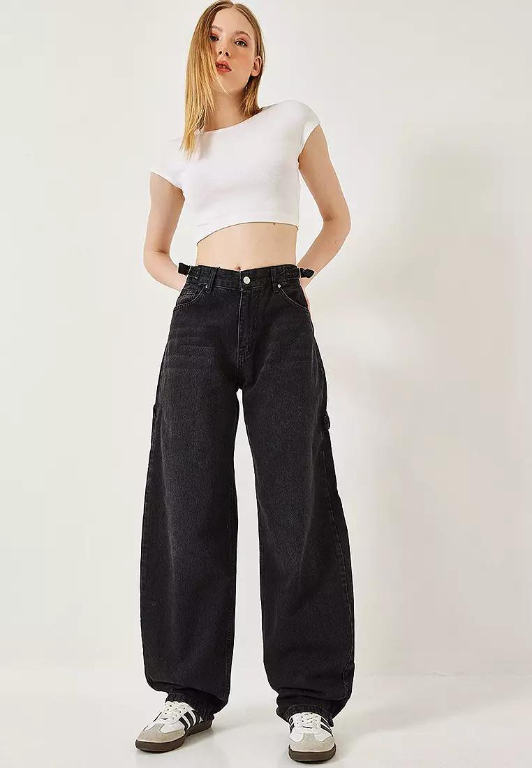 Side Epaulette Baggy Denim Pants