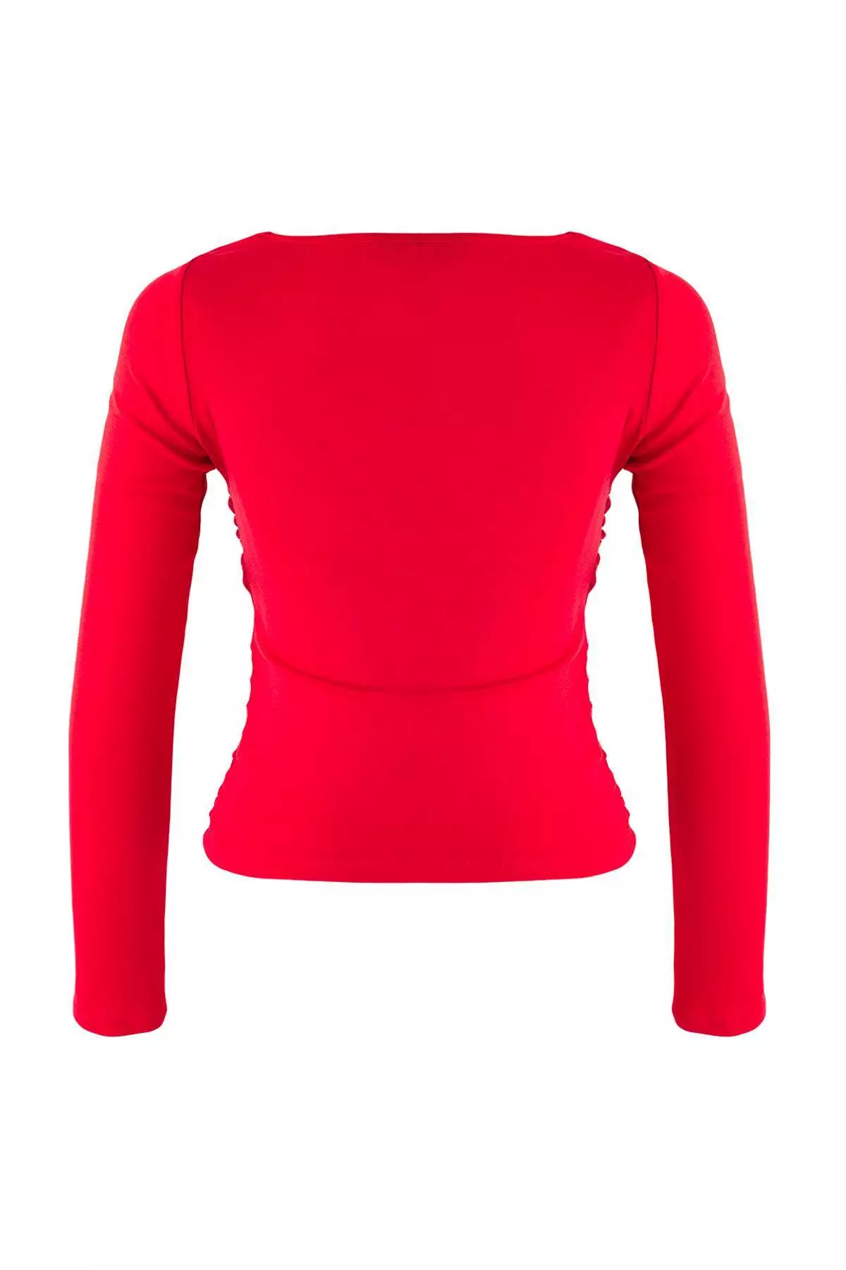 Red Fitted/Fits The Body Gathered V-Neck Long Sleeve Flexible Knitted Blouse