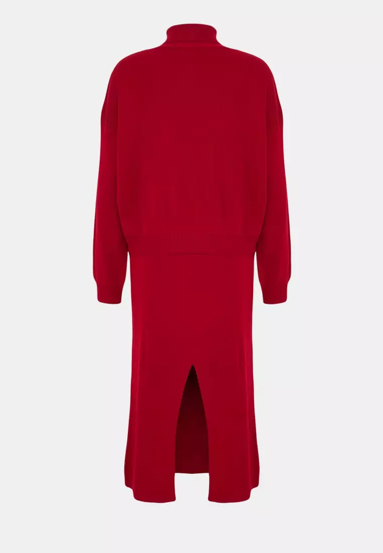 Dark Red Turtleneck Knitwear Skirted Bottom Top Suit