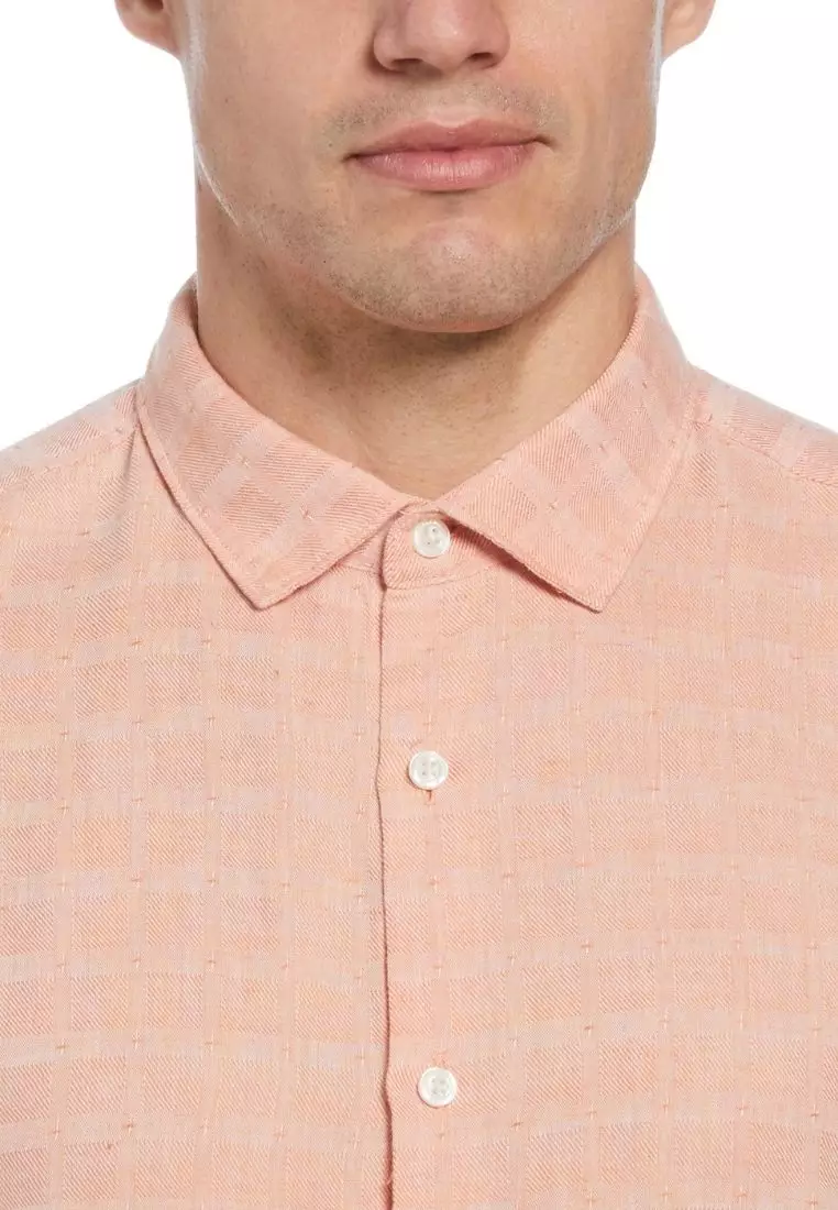 Linen Blend Plaid Print Short Sleeve Button-Down Shirt