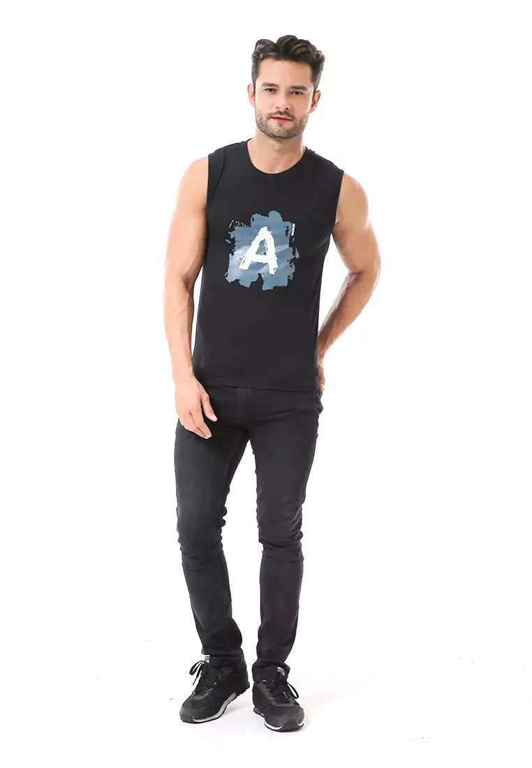 Bobby Atasan Kasual Pria Singlet Motif Huruf A Atasan Tanpa Lengan Material Cotton ORIGINAL - Black