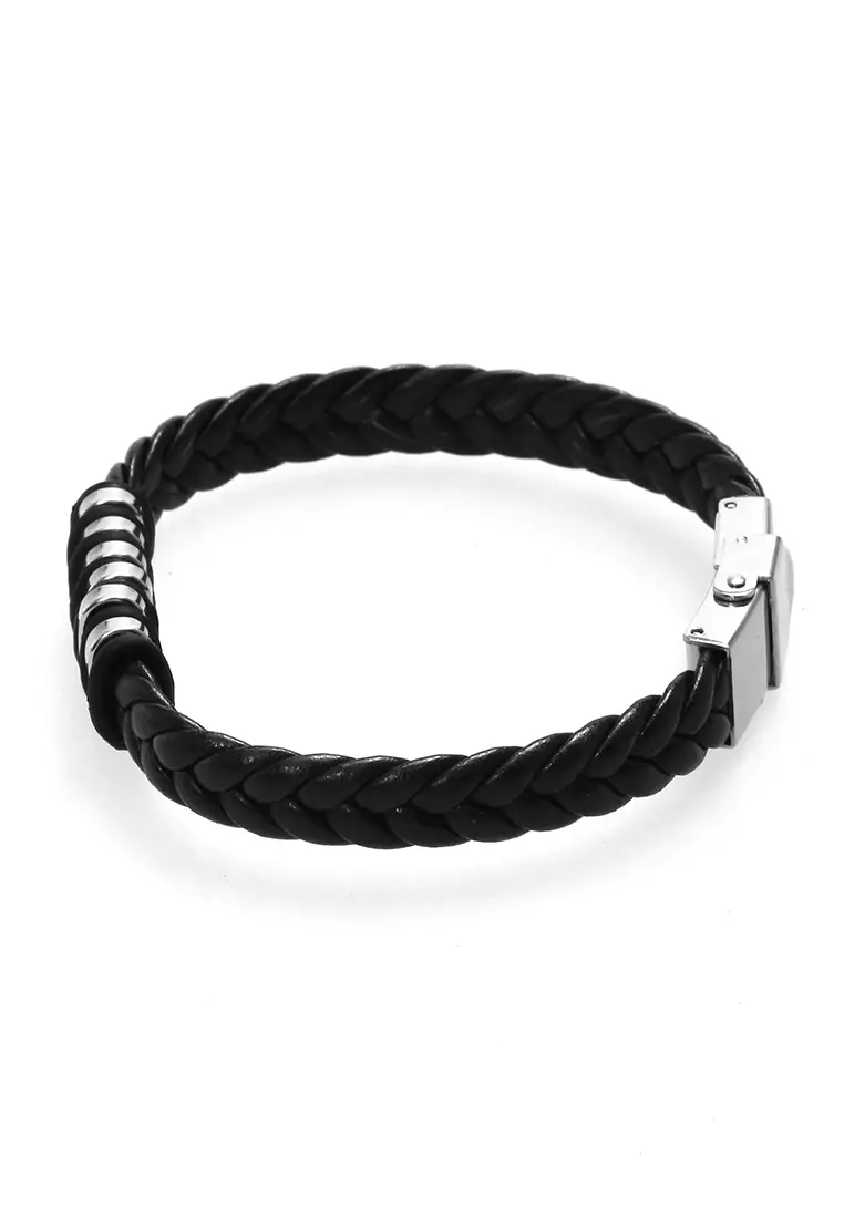 Aleda Gelang Kasual Pria Aksesoris Fashion Adjustable Strap Elegant Design Material Leather Stainless Steel ORIGINAL - Black Silver