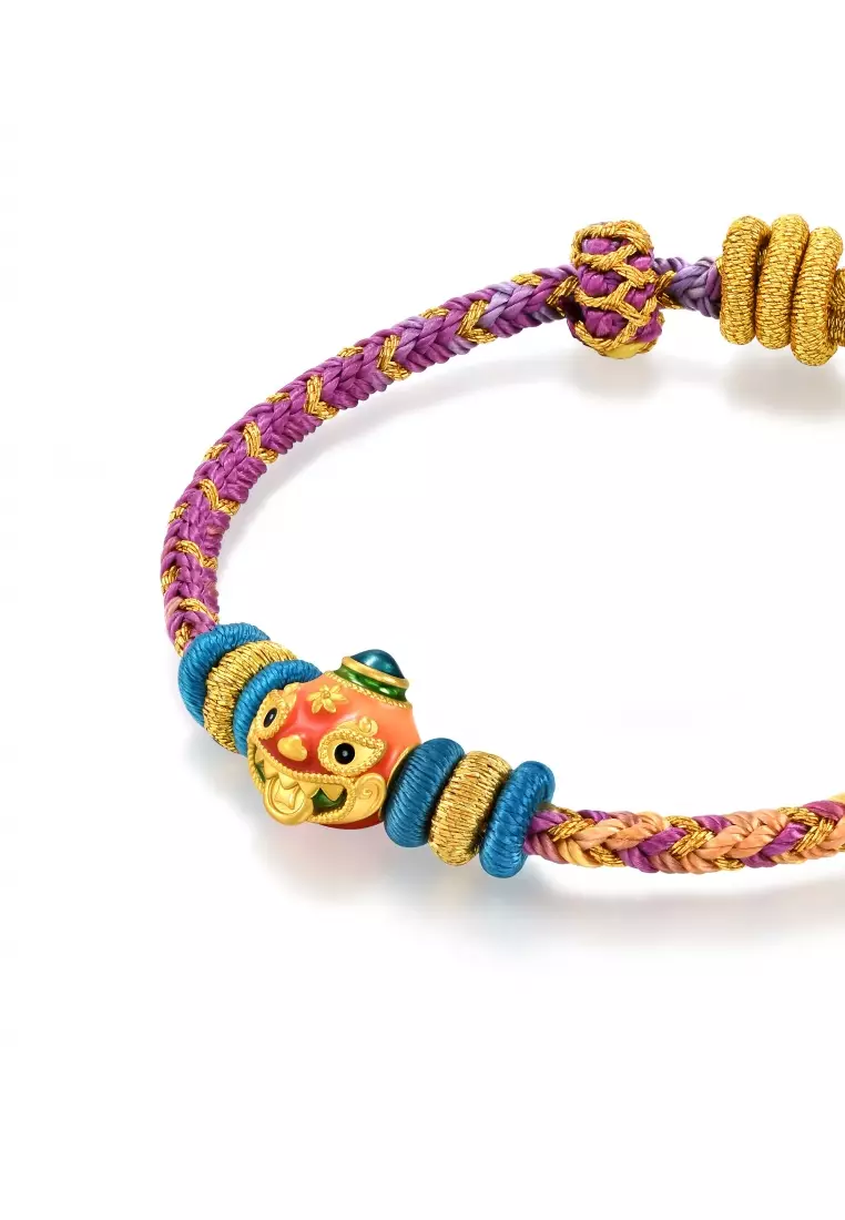 999 24K Gold Chinese Gifting Collection Auspicious Myth Money-Swallowing Beast Charm Embroidered Bracelet 95533B