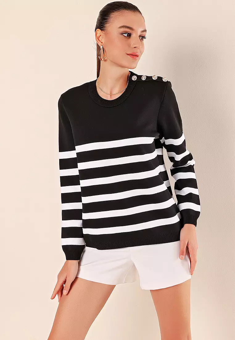 Button Detail Striped Sweater Black
