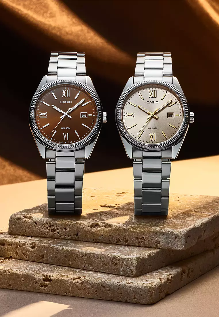 Casio MTP-1302DD-5AV - Jam Tangan Analog Pria - Silver Stainless Case Brown Dial