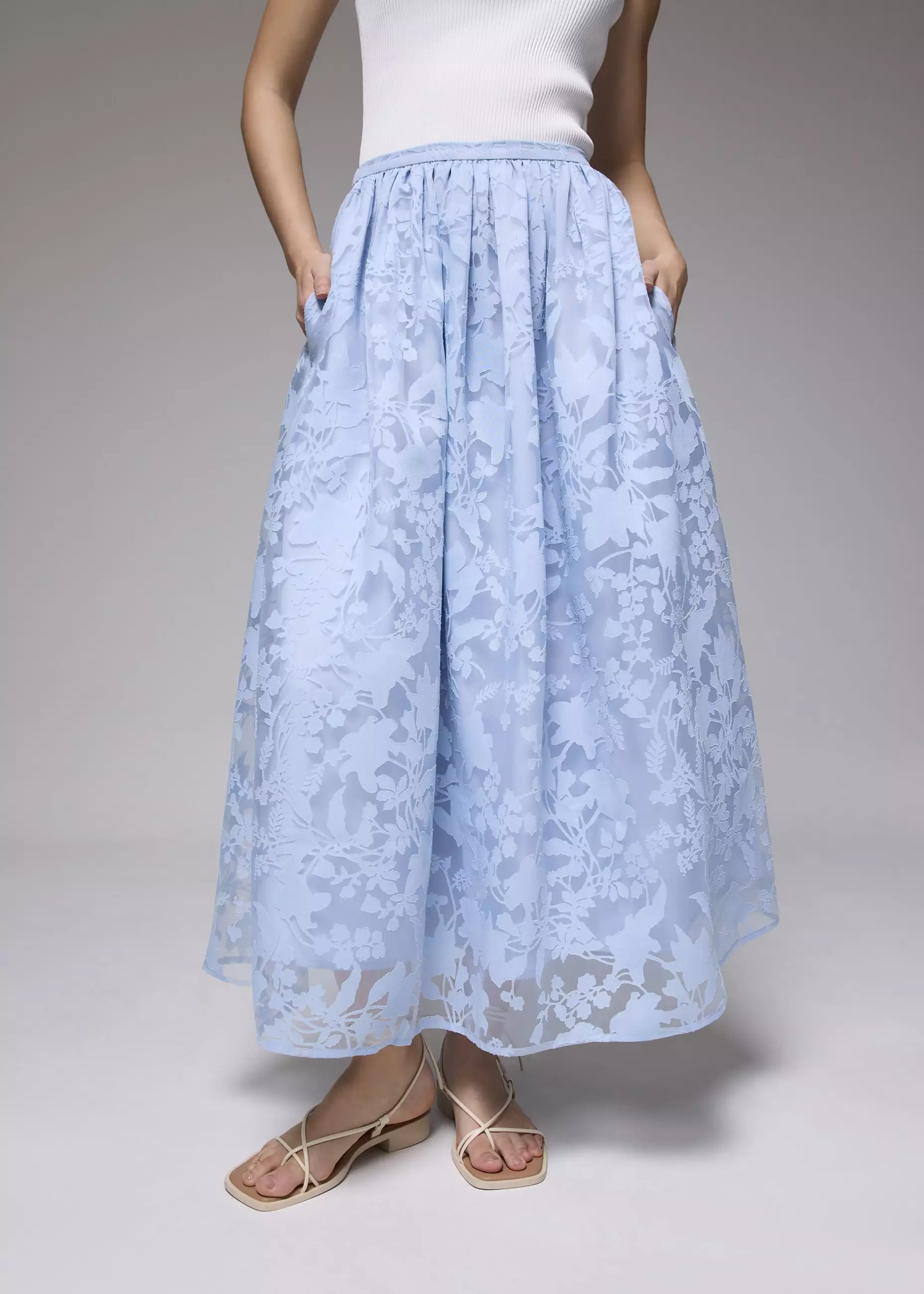 Rok Wanita - Elastic Jacquard High Waist Flare Maxi Skirt
