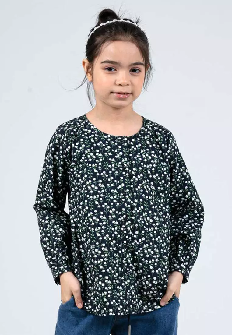 Forest Kids Girls Floral Pattern Cotton Button Blouse Woven Long Sleeve Top - FK820084-30DkBlue