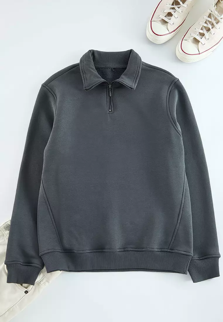 Anthracite Regular/Normal Cut Stand Collar Zippered Warm Basic Sweatshirt TMNAW24SW00041