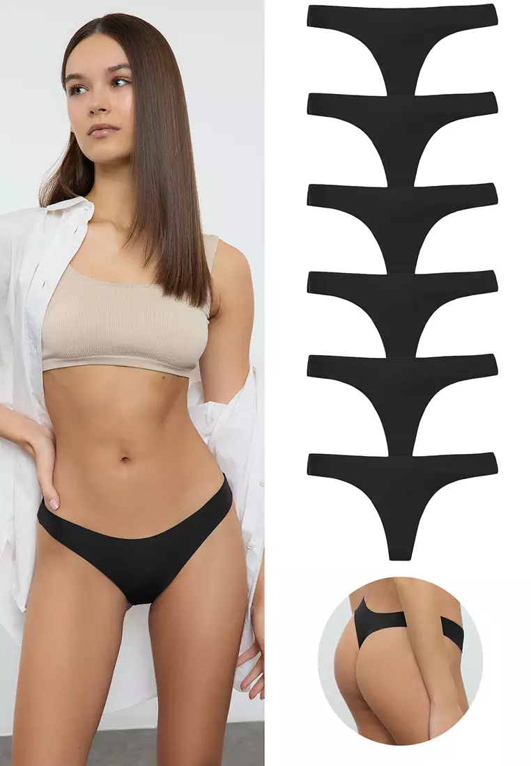 Black 6-Pack Micro Seamless/Non-Trace Laser Cut Thong Knitted Panties THMAW25KU00039