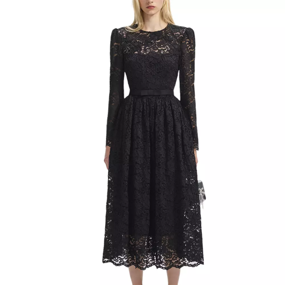 [4.4PRIL KEJUTAN HARGA] Cord Lace Long Sleeve Midi Dress Black