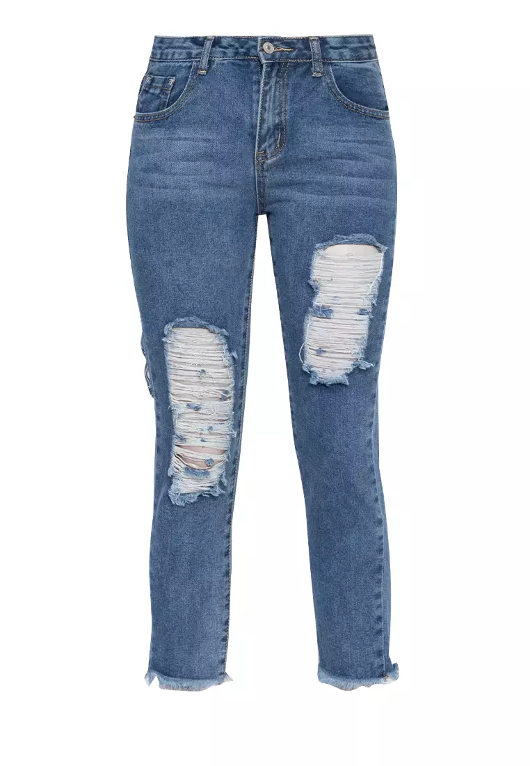 Distressed Front And Back Frayed Denim Pants