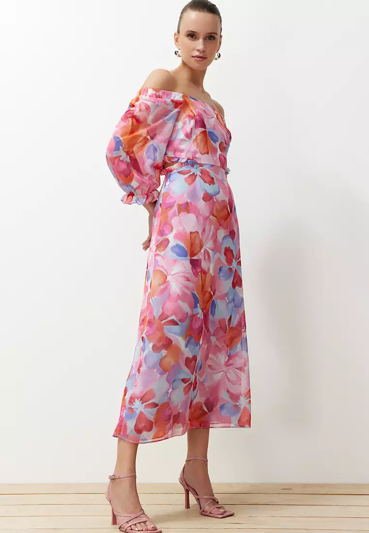 Pink Floral Patterned A-Line Carmen Collar Chiffon Lined Maxi Woven Dress