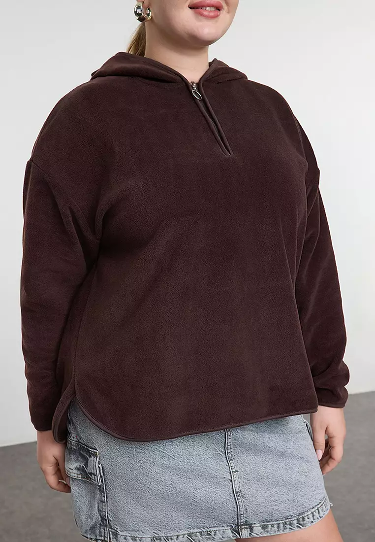 Brown Thick Fleece Hooded And Zippered Oversize Knitted Plus Size Sweatshirt Tbbaw25Ao00030