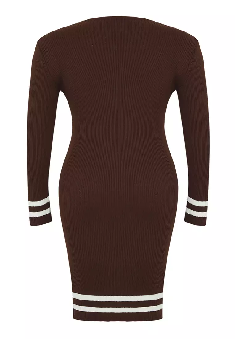 Brown Striped Detailed Ribbed Knitwear Dress Tbbaw24Ah00019