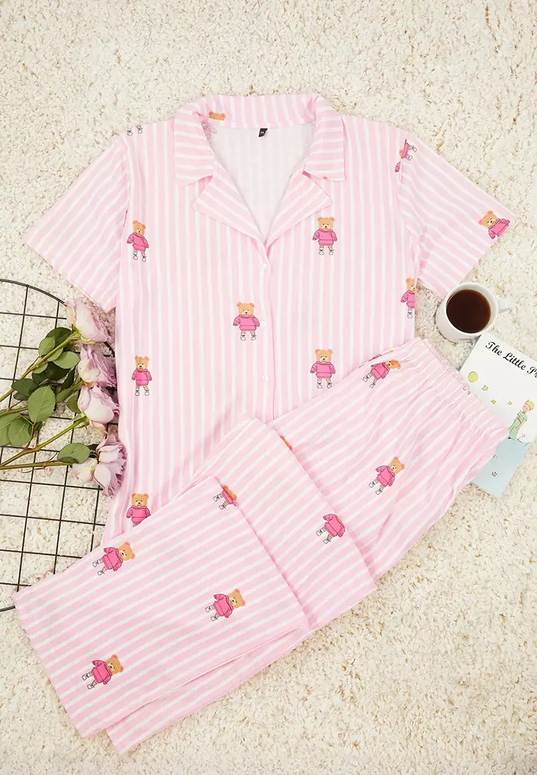 Teddy Bear Patterned Pink Striped Knitted Pajama Set - Shirt Collar Tbbaw25Ai00039